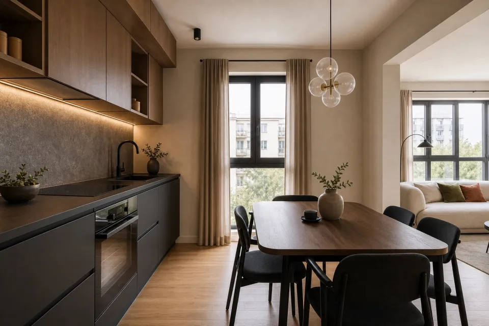 Bucătărie și dining din apartamentul demonstrativ