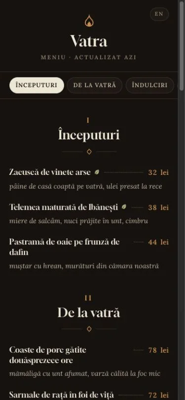Meniu QR Vatra deschis la masa unui restaurant
