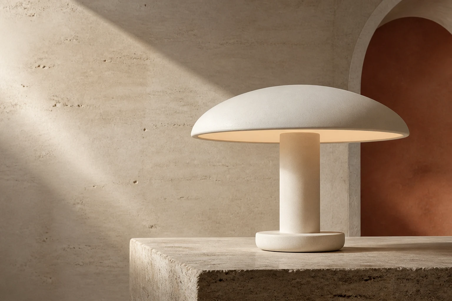 Lampa conceptuală ORA din ceramică, în lumină de după-amiază, pe un soclu de travertin